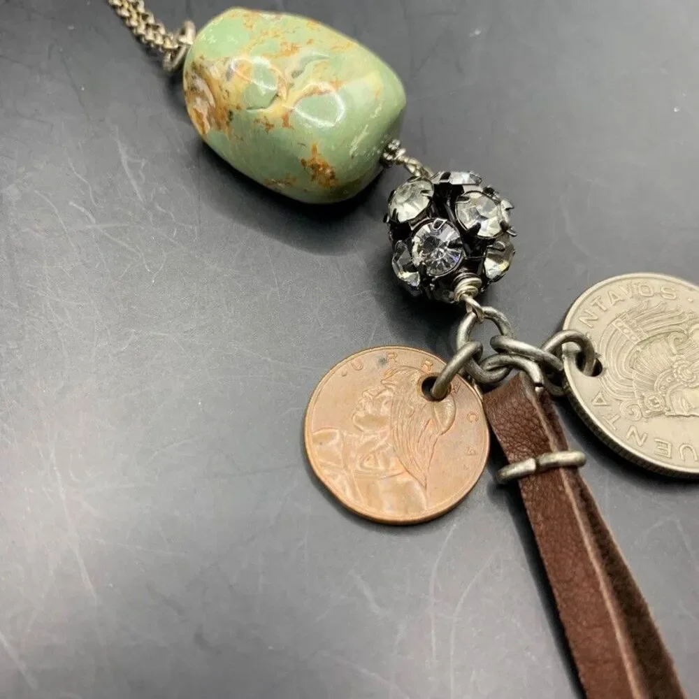 Handmade Artisan Necklace Jasper Pearl Panama Mexico Coins Leather Rhinestones
